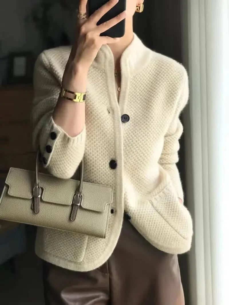 Women's Cashmere Cardigan with Button Front & Stand Collar - Close Up Detail