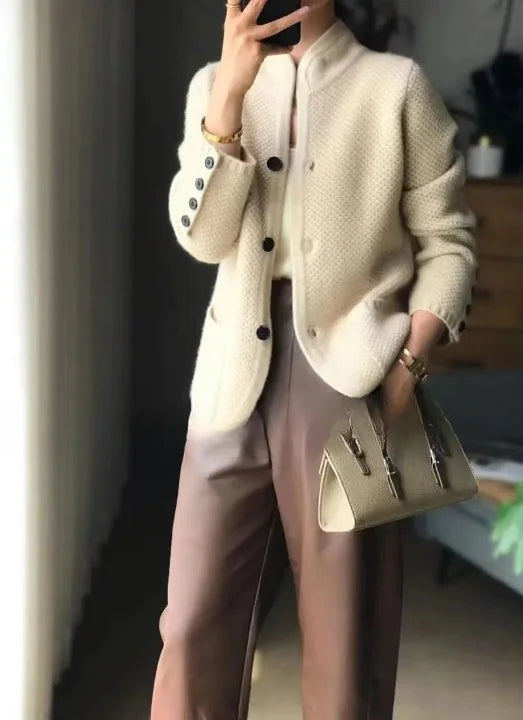 Women's Cashmere Cardigan with Button Front & Stand Collar - Front Close Buttons