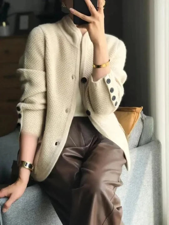 Women's Cashmere Cardigan with Button Front & Stand Collar - Seated Side Pose