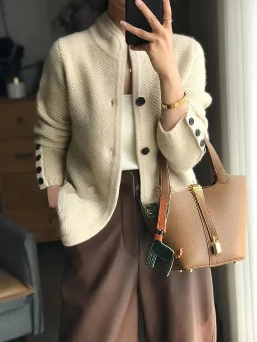 Beige Women's Cashmere Cardigan with Button Front & Stand Collar