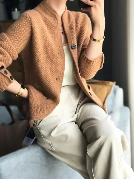 Women's Cashmere Cardigan with Button Front & Stand Collar - Seated Close Up