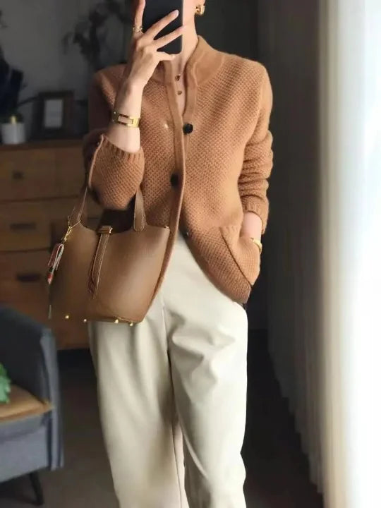 Brown Women's Cashmere Cardigan with Button Front & Stand Collar