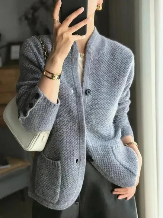 Grey Women's Cashmere Cardigan with Button Front & Stand Collar