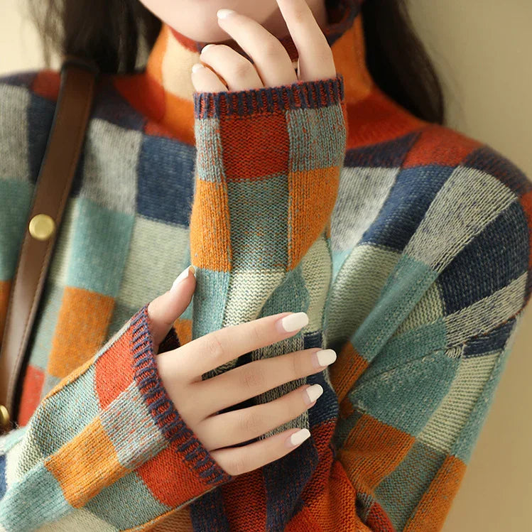 Orange Women's Cashmere Check Sweater with Mock Neck & Relaxed Fit - Cuff Hand Detail