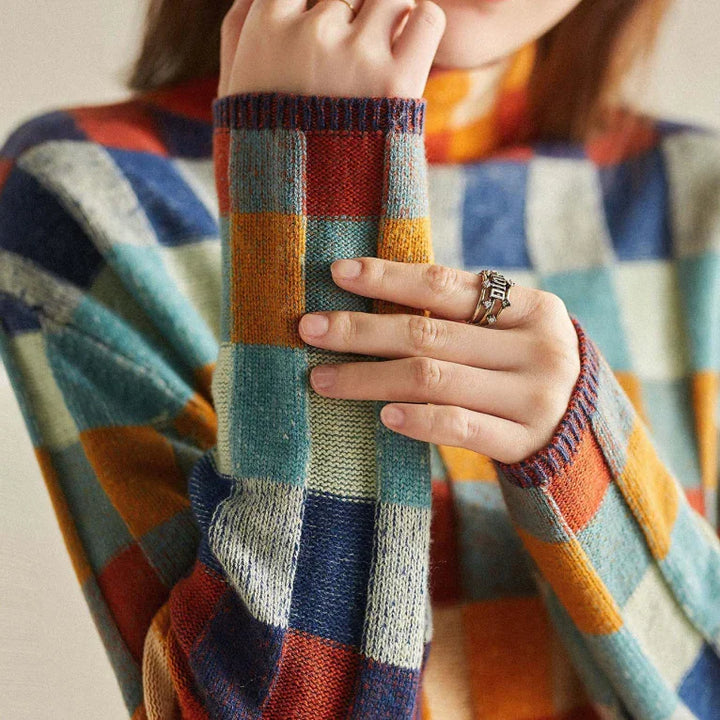 Orange Women's Cashmere Check Sweater with Mock Neck & Relaxed Fit - Cuff Ring Detail