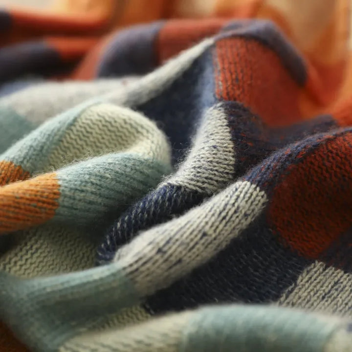 Orange Women's Cashmere Check Sweater with Mock Neck & Relaxed Fit - Fabric Macro Detail
