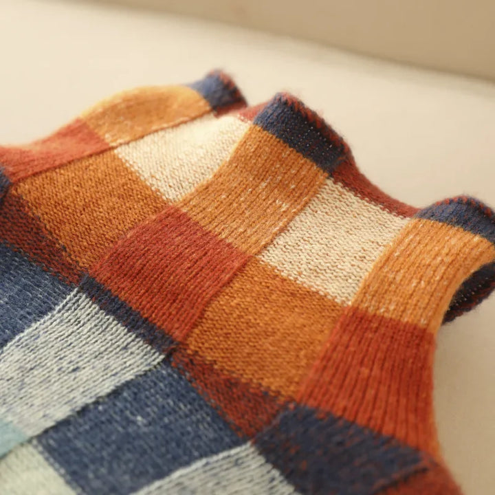 Orange Women's Cashmere Check Sweater with Mock Neck & Relaxed Fit - Hem Fold Detail