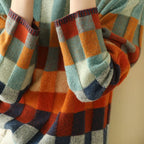 Orange Women's Cashmere Check Sweater with Mock Neck & Relaxed Fit - Sleeve Cuff Detail