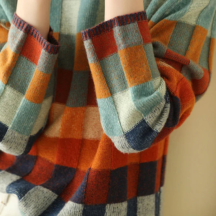 Orange Women's Cashmere Check Sweater with Mock Neck & Relaxed Fit - Sleeve Cuff Detail