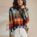 Women's Cashmere Check Sweater with Mock Neck & Relaxed Fit — Isla