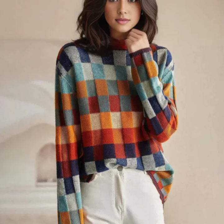 Orange Women's Cashmere Check Sweater with Mock Neck & Relaxed Fit