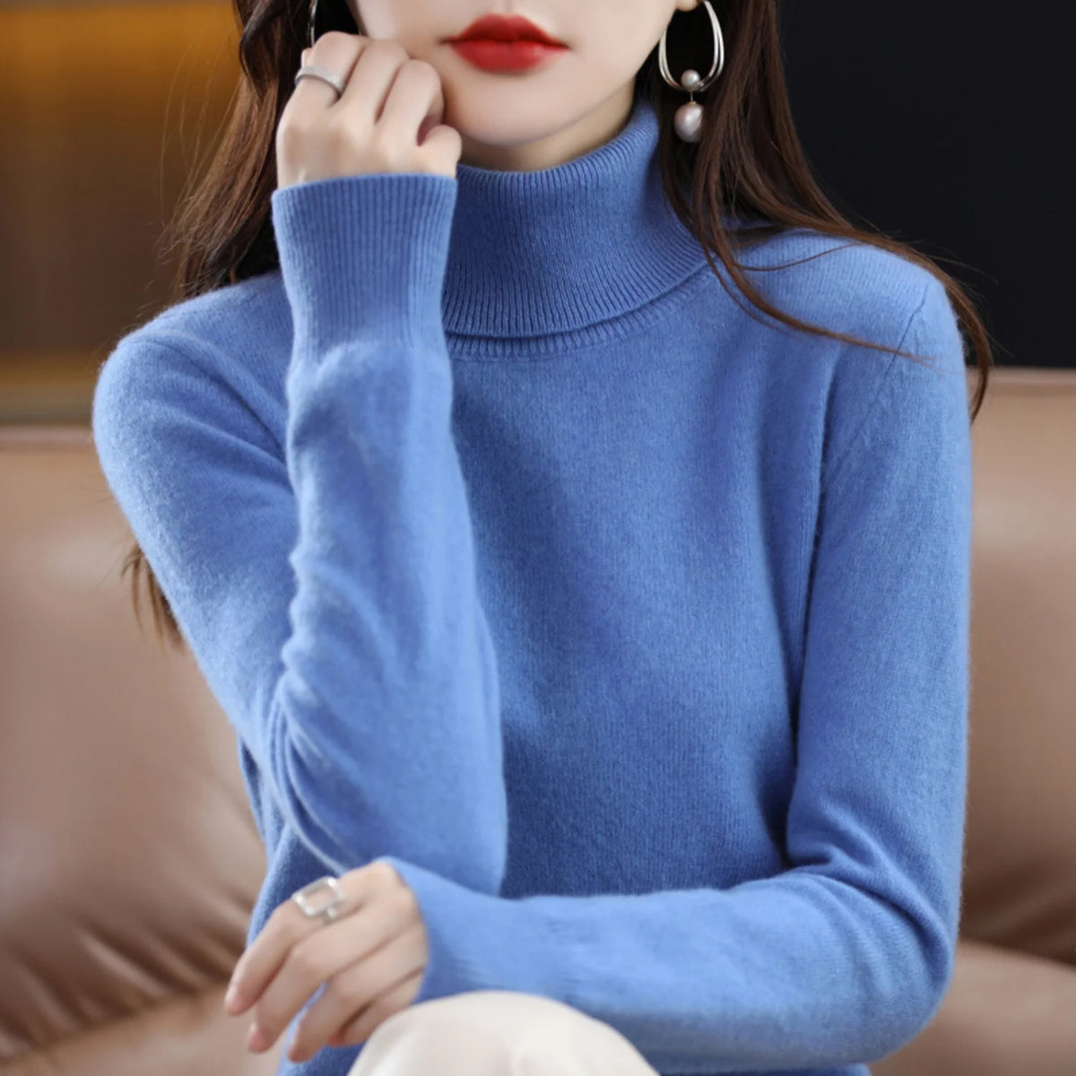 Blue Women's Cashmere Turtleneck Sweater with Soft Stretch & Relaxed Fit - Front Pose