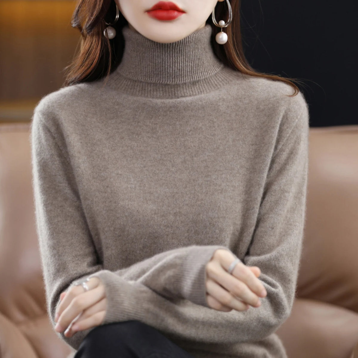 Dark Brown Women's Cashmere Turtleneck Sweater with Soft Stretch & Relaxed Fit - Front Pose