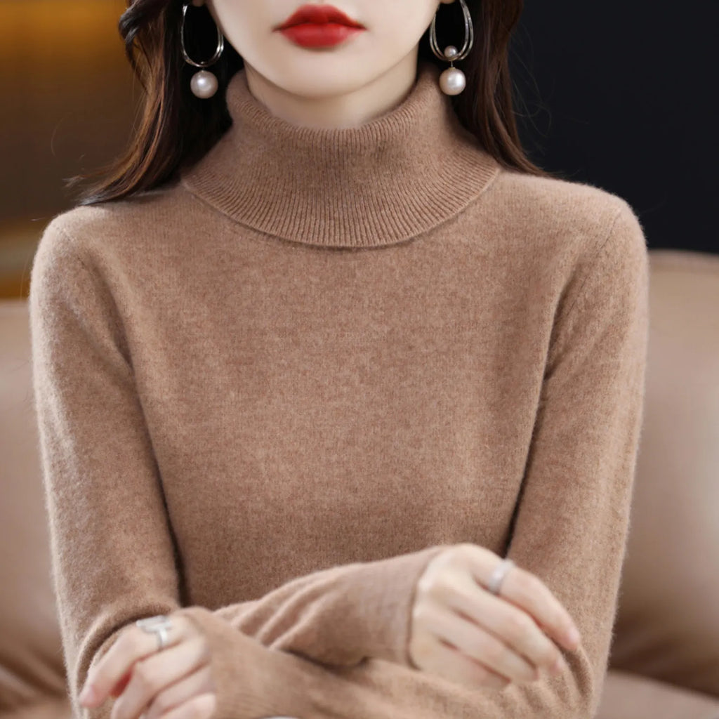 Brown Women's Cashmere Turtleneck Sweater with Soft Stretch & Relaxed Fit - Close Up Collar