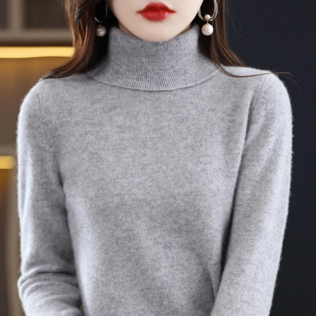 Grey Women's Cashmere Turtleneck Sweater with Soft Stretch & Relaxed Fit - Close Up Collar