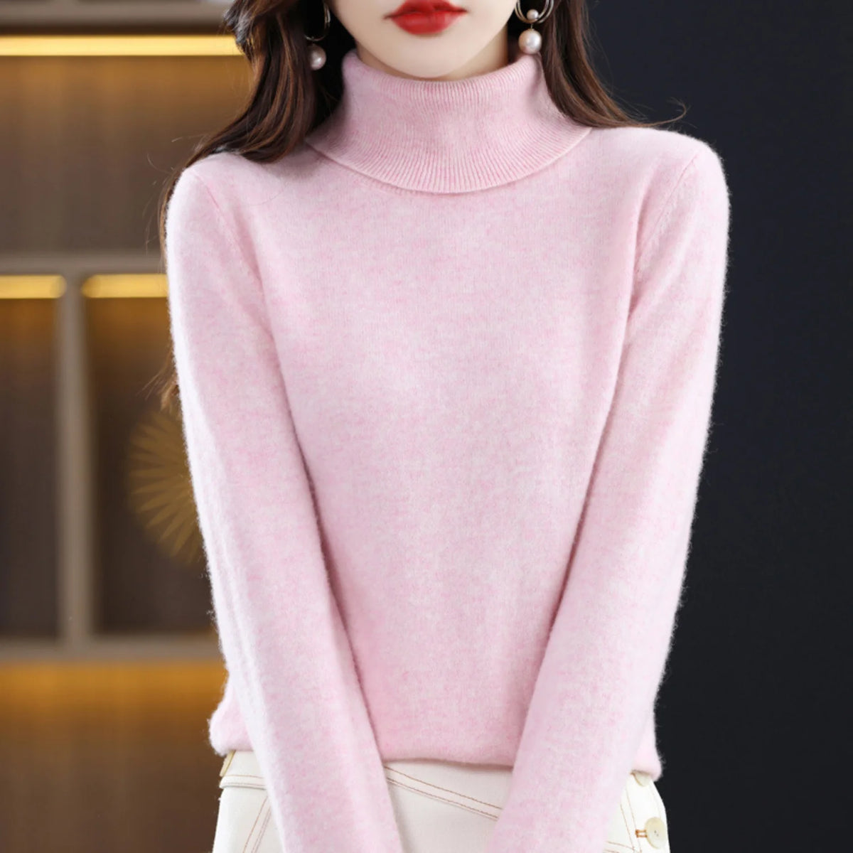 Light Pink Women's Cashmere Turtleneck Sweater with Soft Stretch & Relaxed Fit - Close Up Collar