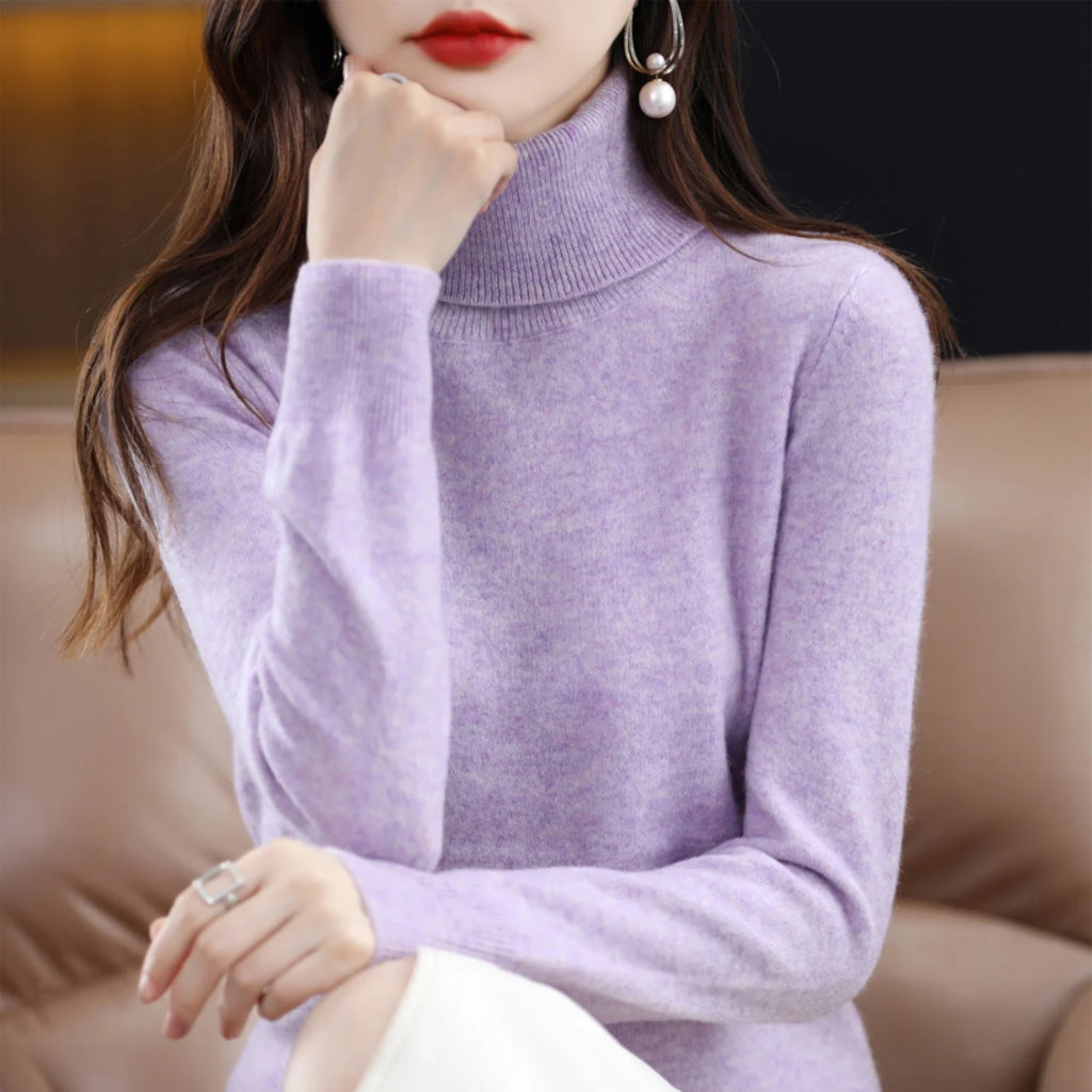 Lilac Pink Women's Cashmere Turtleneck Sweater with Soft Stretch & Relaxed Fit - Close Up Collar