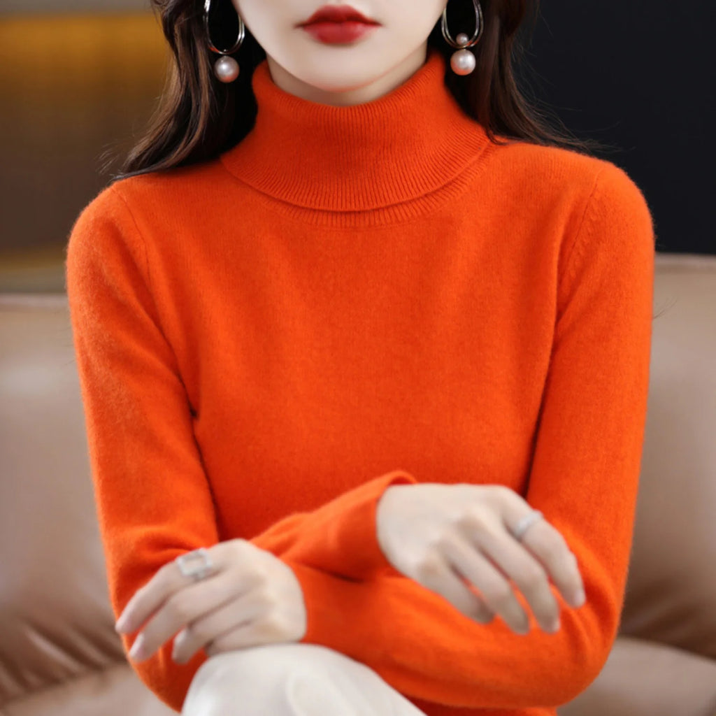 Orange Women's Cashmere Turtleneck Sweater with Soft Stretch & Relaxed Fit - Front Pose