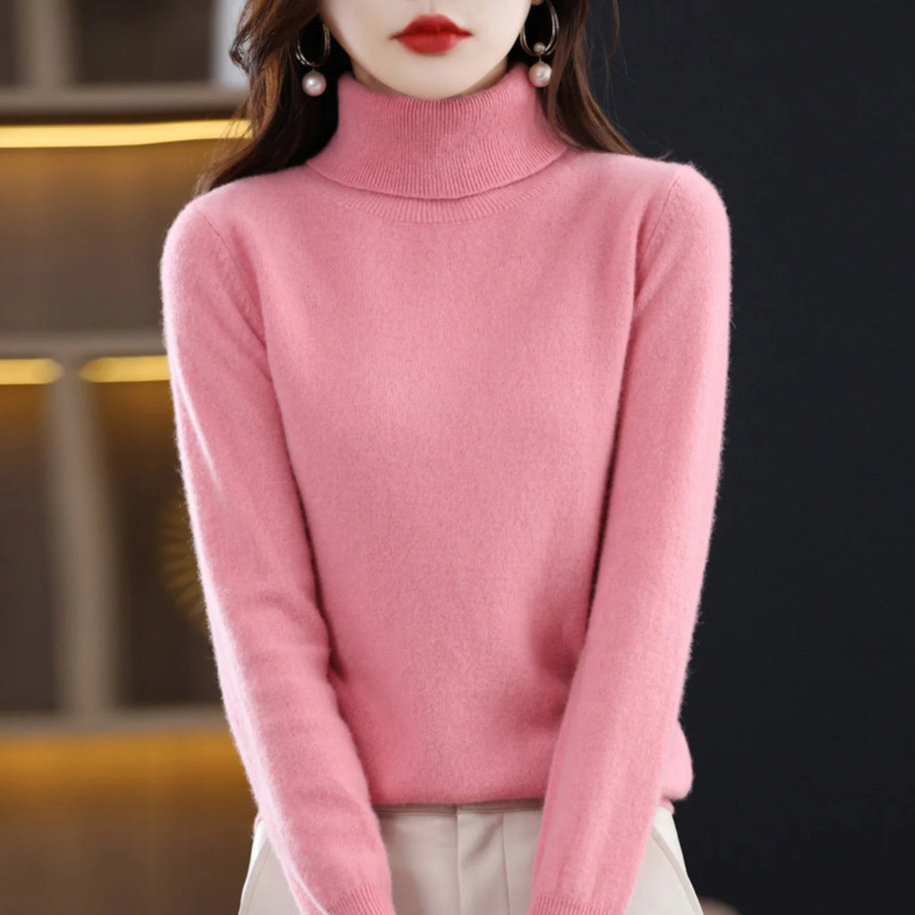 Pink Women's Cashmere Turtleneck Sweater with Soft Stretch & Relaxed Fit - Front Pose