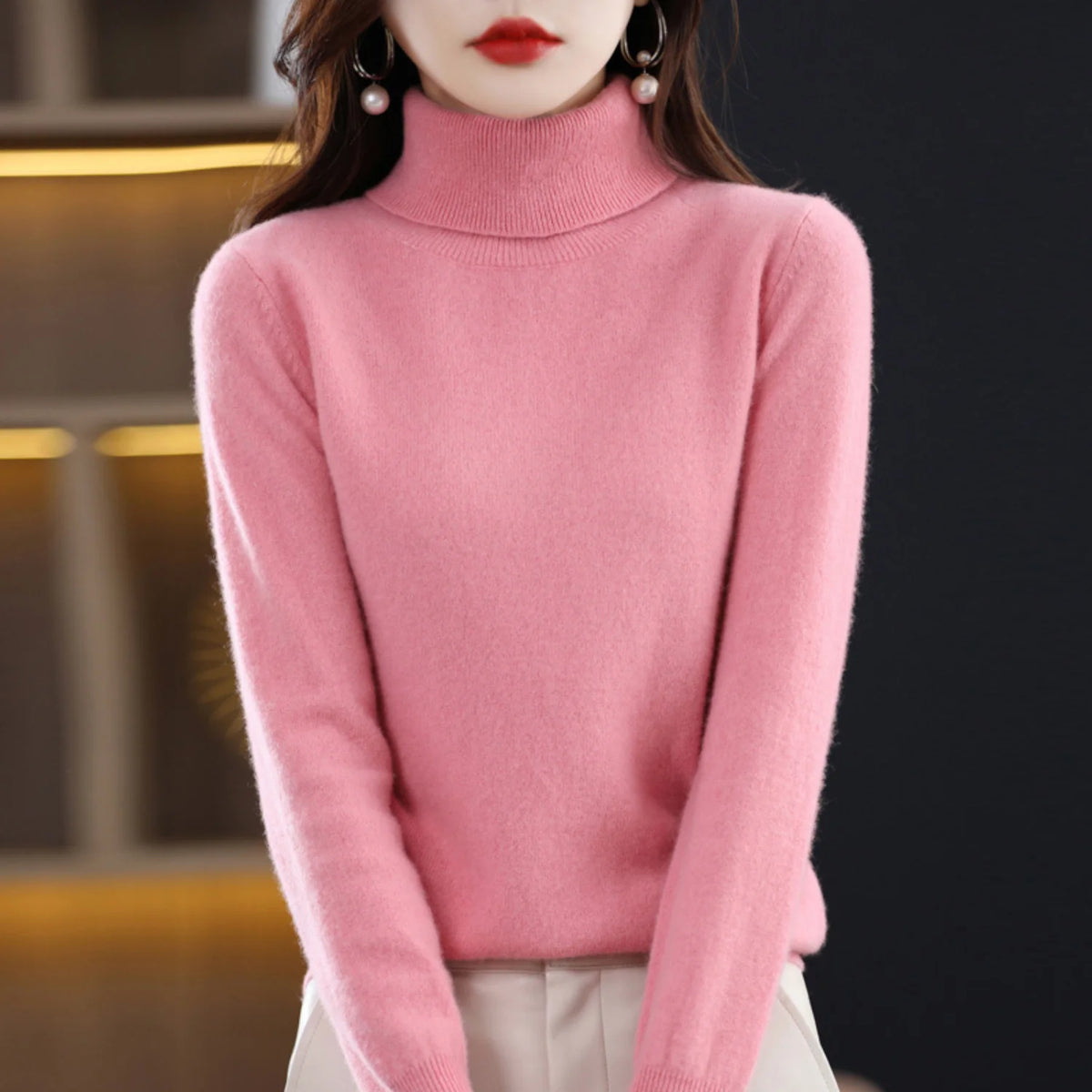 Pink Women's Cashmere Turtleneck Sweater with Soft Stretch & Relaxed Fit - Front Pose