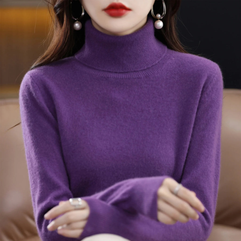 Lilac Women's Cashmere Turtleneck Sweater with Soft Stretch & Relaxed Fit - Front Pose
