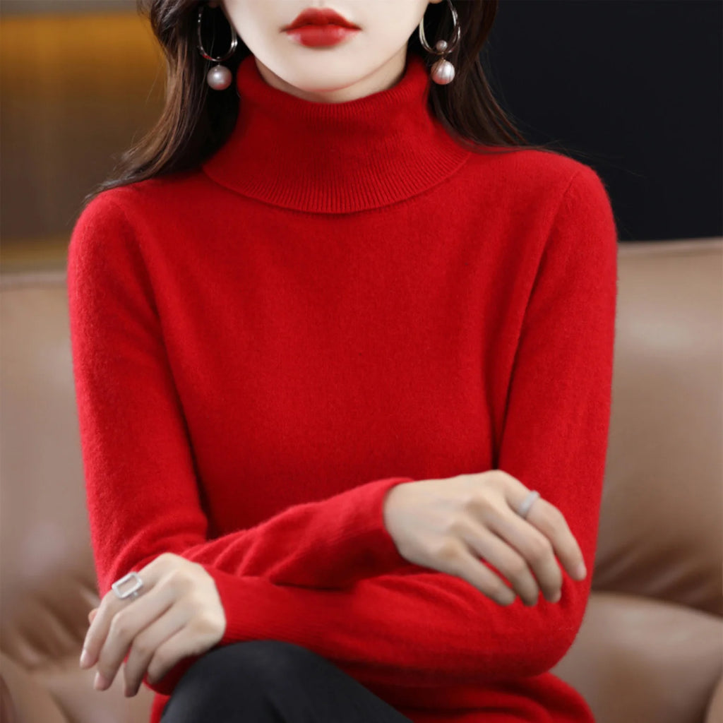 Red Women's Cashmere Turtleneck Sweater with Soft Stretch & Relaxed Fit - Front Pose