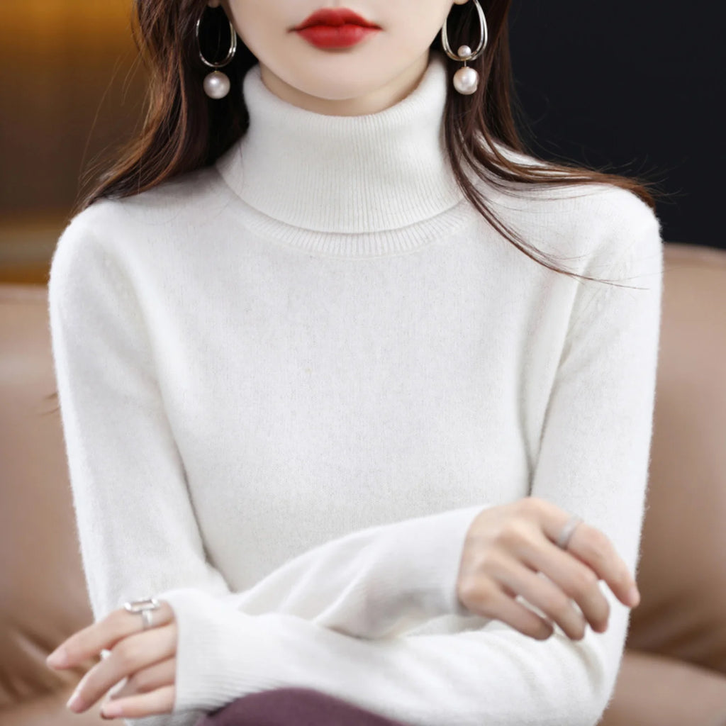 White Women's Cashmere Turtleneck Sweater with Soft Stretch & Relaxed Fit - Close Up Collar