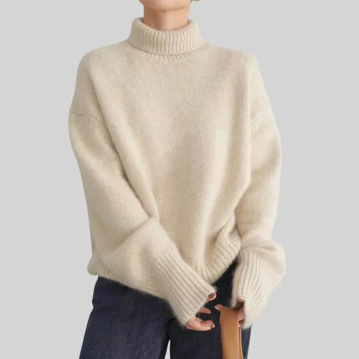 Women's Cashmere Turtleneck Sweater with Ribbed Cuffs & Relaxed Fit - Front Full