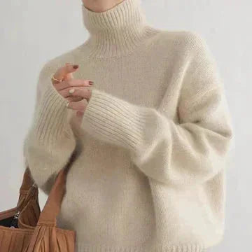 Beige Women's Cashmere Turtleneck Sweater with Ribbed Cuffs & Relaxed Fit