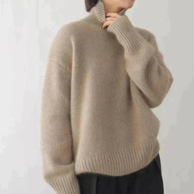 Women's Cashmere Turtleneck Sweater with Ribbed Cuffs & Relaxed Fit - Close Up Collar