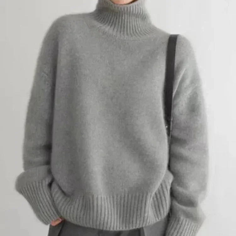 Gray Women's Cashmere Turtleneck Sweater with Ribbed Cuffs & Relaxed Fit
