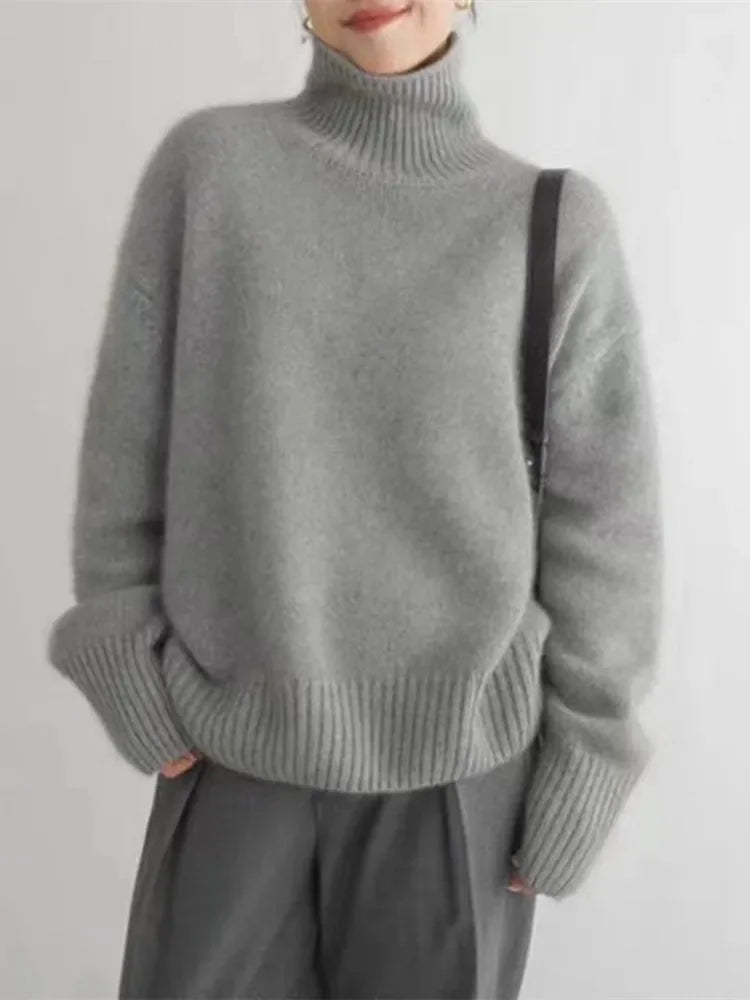 Women's Cashmere Turtleneck Sweater with Ribbed Cuffs & Relaxed Fit - Front Smile Pose