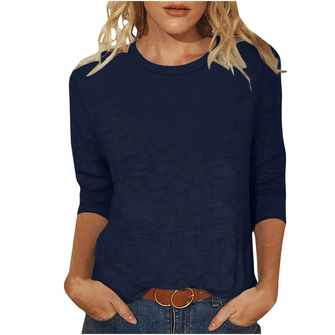Dark Blue Women's Casual 3/4 Sleeve Shirt with Round Neckline & Side Slits - Studio White
