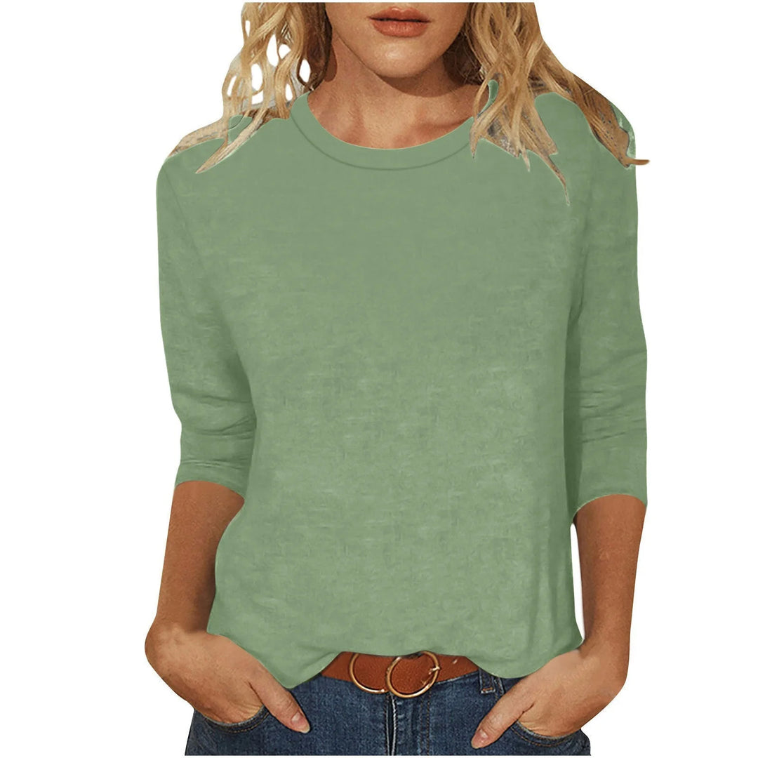 Green Women's Casual 3/4 Sleeve Shirt with Round Neckline & Side Slits