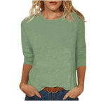Green Women's Casual 3/4 Sleeve Shirt with Round Neckline & Side Slits