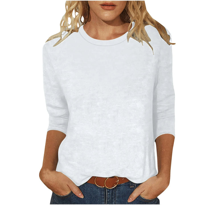White Women's Casual 3/4 Sleeve Shirt with Round Neckline & Side Slits