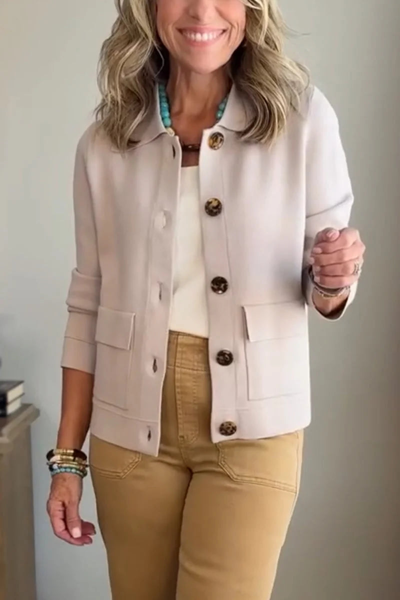 Beige Women's Casual Blazer with Relaxed Fit & Patch Pockets — Romy - Close Up Khaki Outfit