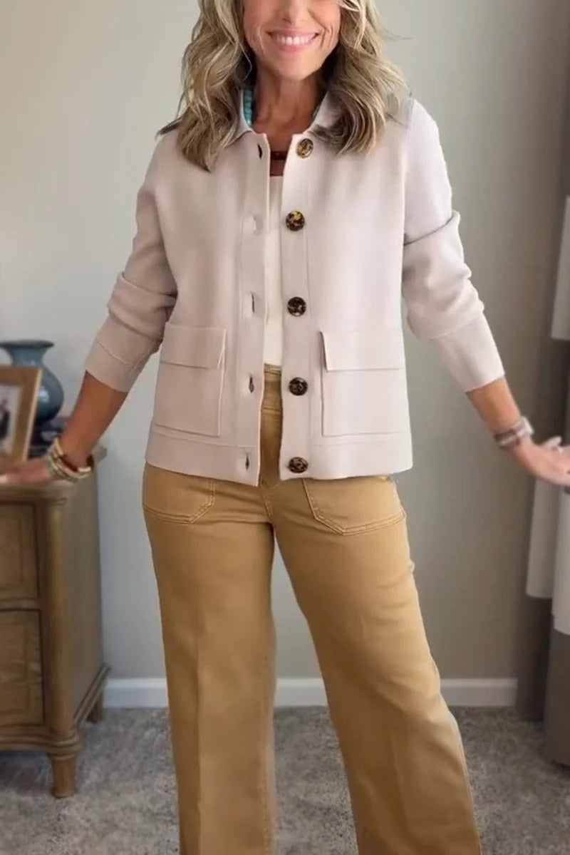 Beige Women's Casual Blazer with Relaxed Fit & Patch Pockets — Romy - Full Body Khaki Outfit