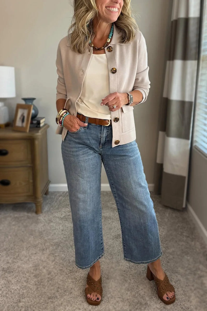 Beige Women's Casual Blazer with Relaxed Fit & Patch Pockets — Romy - Full Body Styled