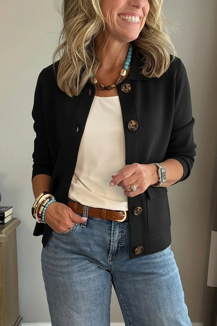 Black Women's Casual Blazer with Relaxed Fit & Patch Pockets — Romy