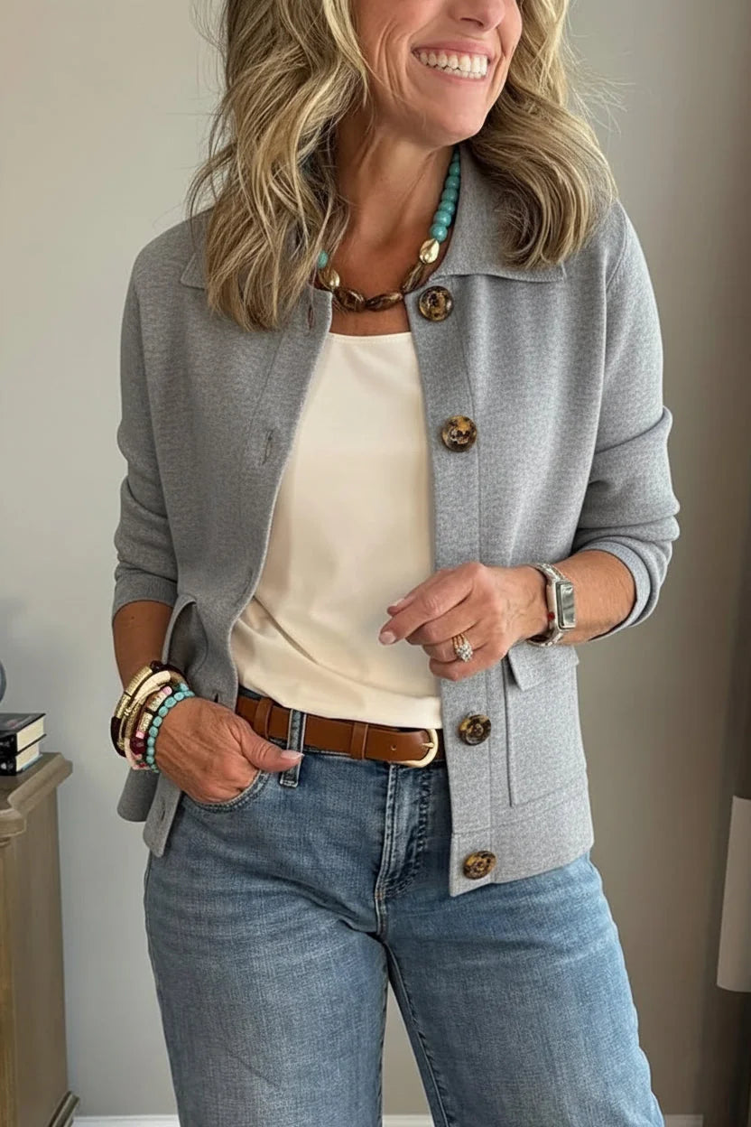 Gray Women's Casual Blazer with Relaxed Fit & Patch Pockets — Romy