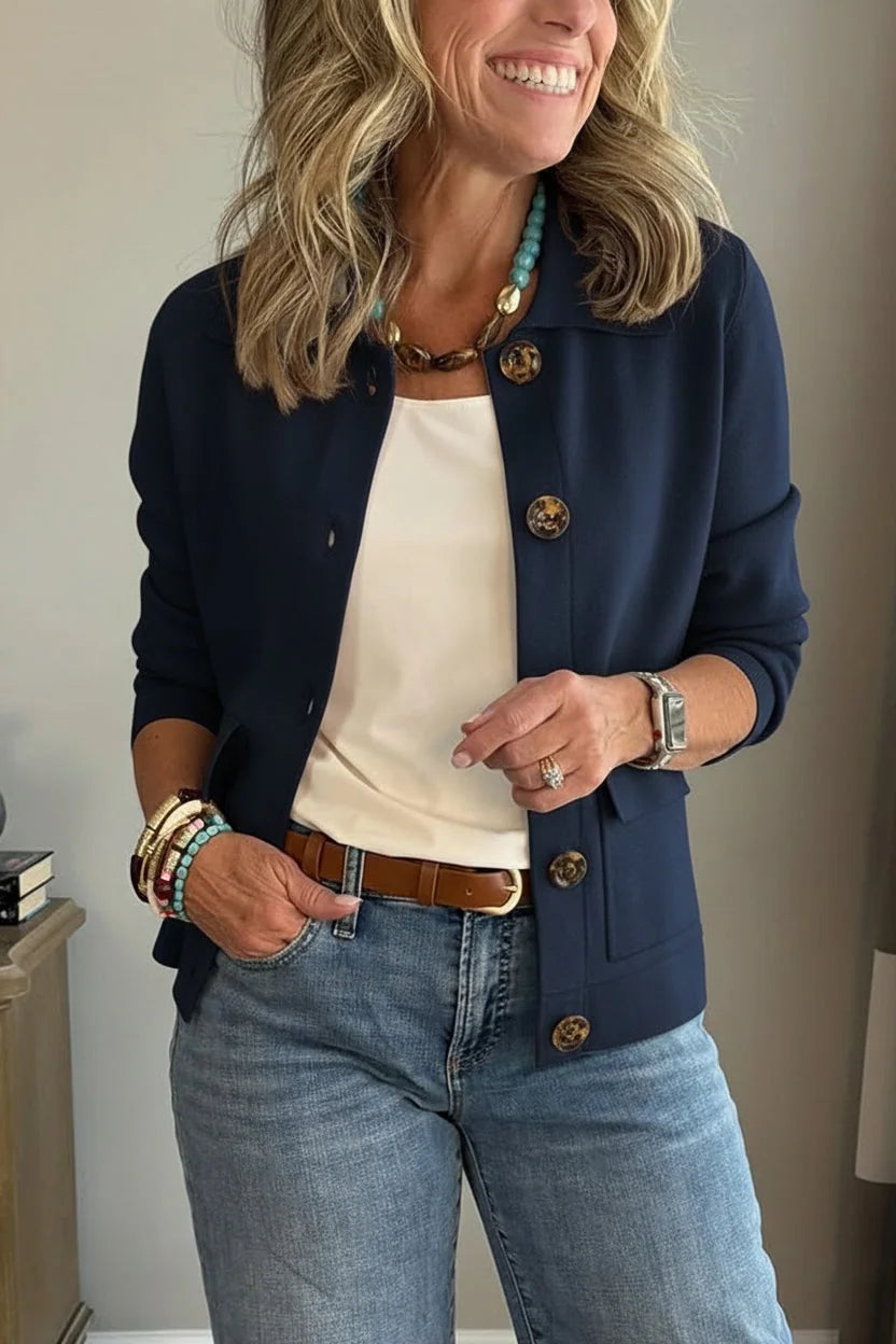 Navy Women's Casual Blazer with Relaxed Fit & Patch Pockets — Romy