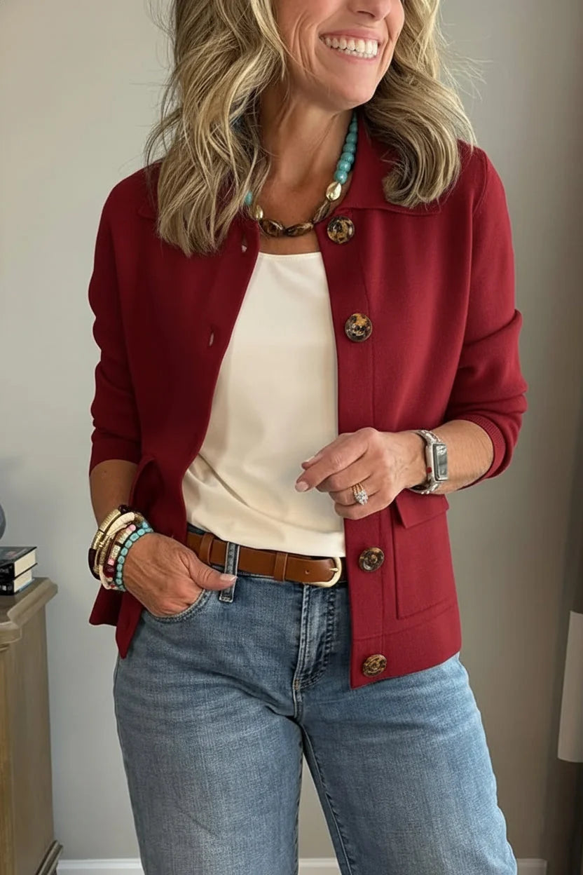 Wine Women's Casual Blazer with Relaxed Fit & Patch Pockets — Romy