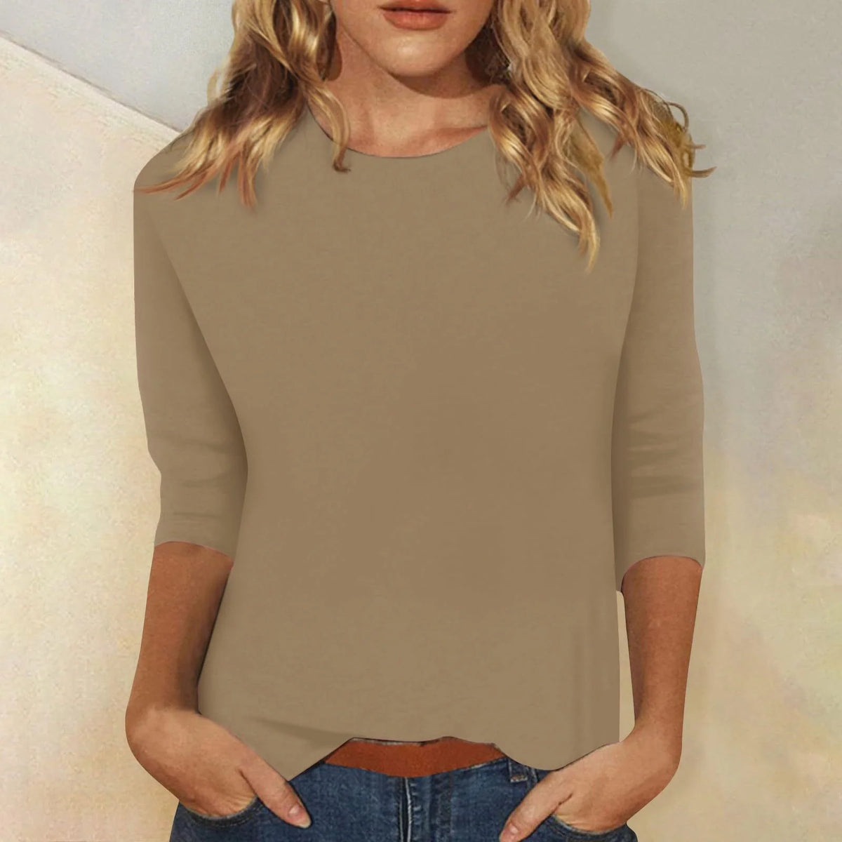 Women's Casual Top with Round Neckline & Three-Quarter Sleeves - Front Basic