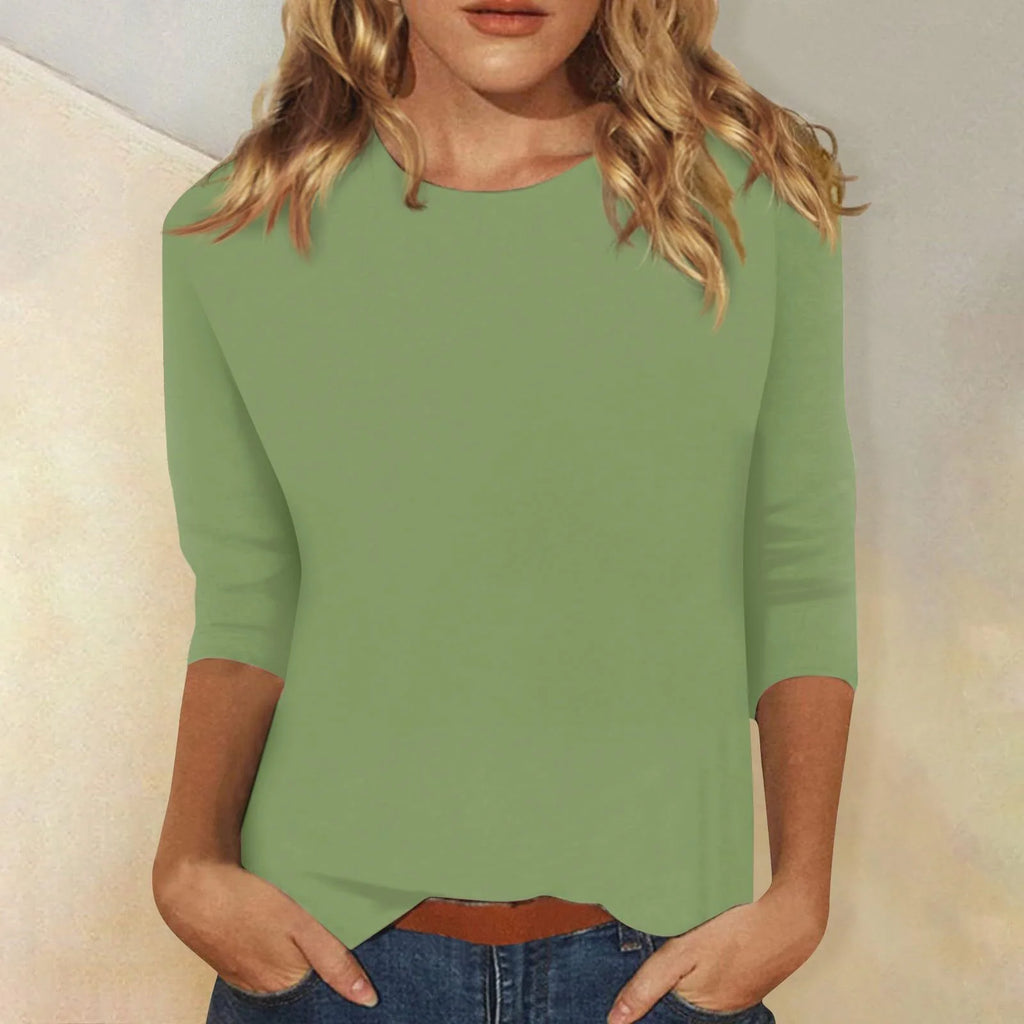 Green Women's Casual Top with Round Neckline & Three-Quarter Sleeves