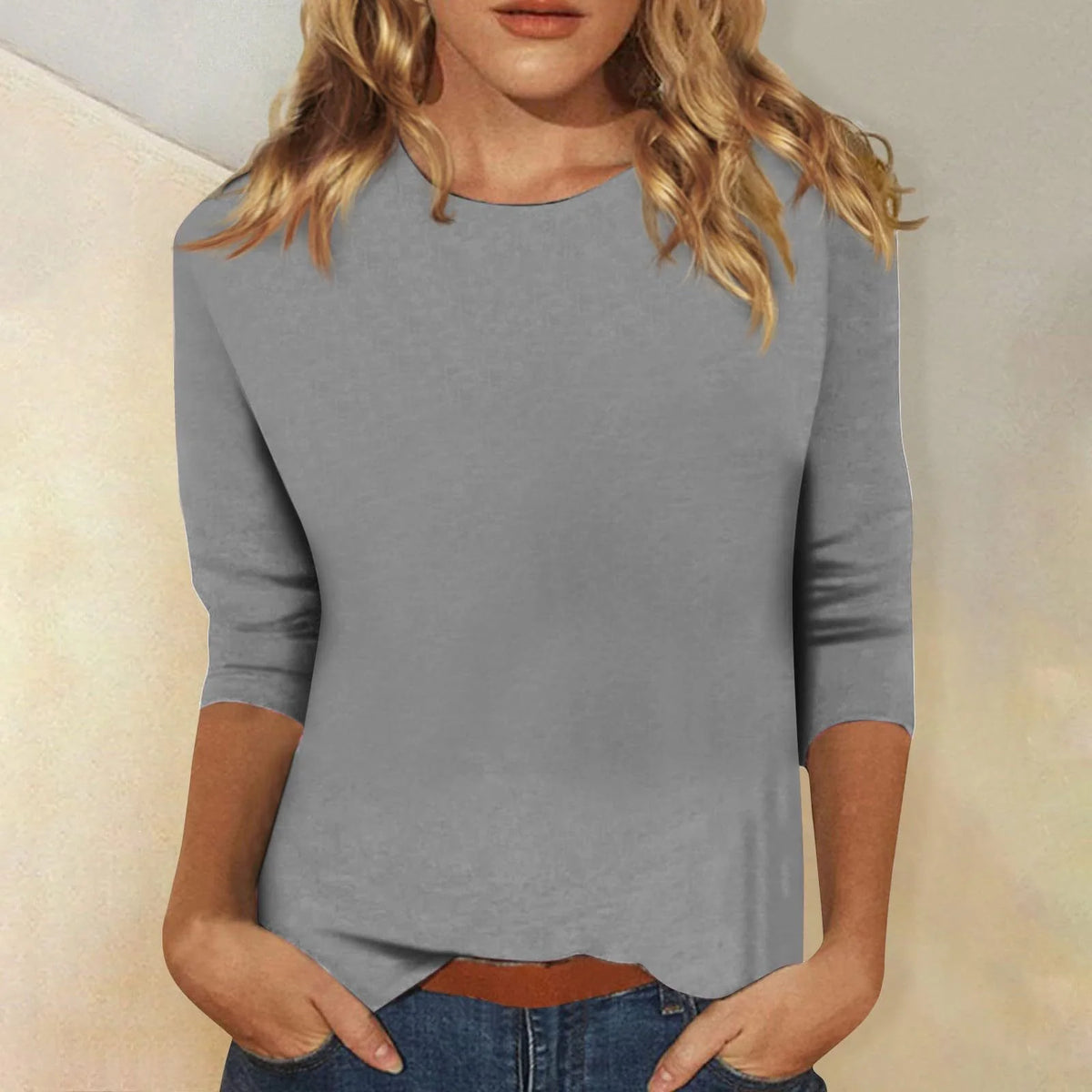 Grey Women's Casual Top with Round Neckline & Three-Quarter Sleeves