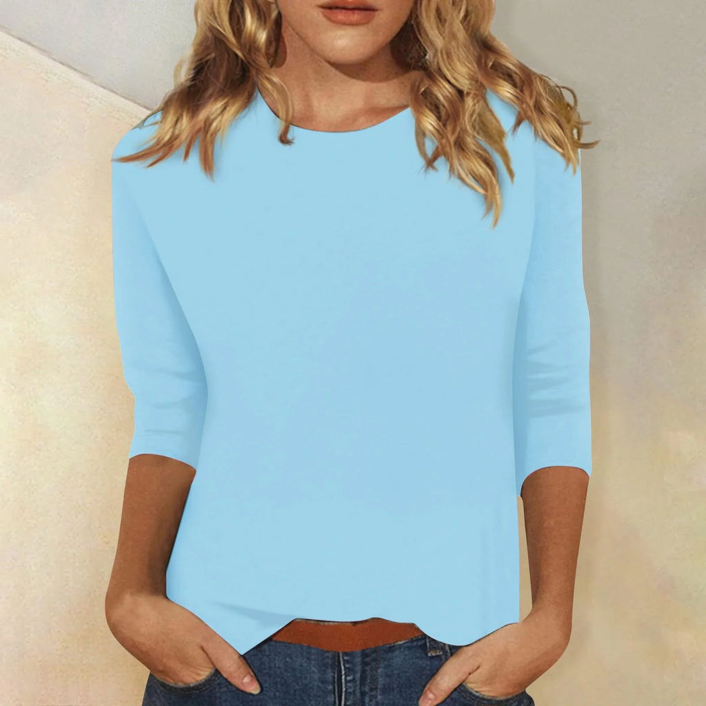 Light Blue Women's Casual Top with Round Neckline & Three-Quarter Sleeves