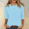 Light Blue Women's Casual Top with Round Neckline & Three-Quarter Sleeves