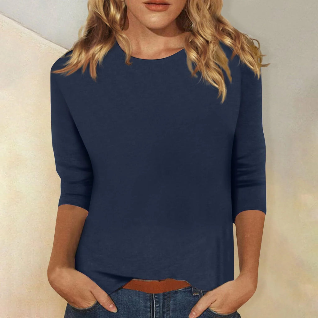 Navy Blue Women's Casual Top with Round Neckline & Three-Quarter Sleeves - Front Simple
