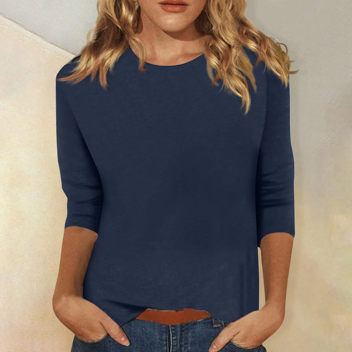 Navy Blue Women's Casual Top with Round Neckline & Three-Quarter Sleeves - Front Simple